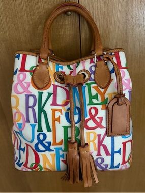 Retro Grafica Dooney & Bourke Multicolor Logo Drawstring Bag with Tan Leather